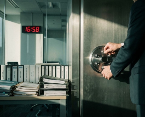 server-beveiliging-compliance-datakluis-kantoorjpg - Hoek en Blok.IT - Hoek en Blok.IT Handen draaien aan combinatieslot op serverbehuizing, naast compliance-mappen in modern kantoor met dramatische belichting