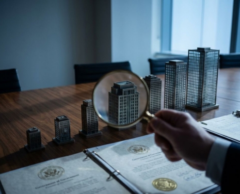 bedrijfsclassificatie-regelgeving-vergrootglas-kantoorjpg - Hoek en Blok.IT - Hoek en Blok.IT Vergrootglas boven miniatuurgebouwen op vergadertafel met officiële documenten, blauwe verlichting en professionele sfeer