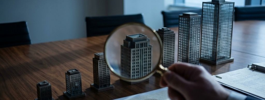 bedrijfsclassificatie-regelgeving-vergrootglas-kantoorjpg - Hoek en Blok.IT Vergrootglas boven miniatuurgebouwen op vergadertafel met officiële documenten, blauwe verlichting en professionele sfeer