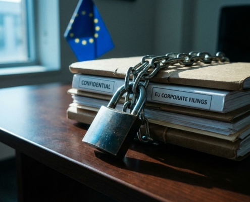 eu-gegevensbescherming-documenten-beveiligingjpg - Hoek en Blok.IT - Hoek en Blok.IT Stalen hangslot met ketting beveiligt bedrijfsdocumenten op houten bureau, EU-vlag zichtbaar op achtergrond