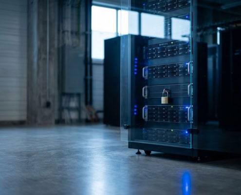 Serverrack met hangslot en beschermend glasschild in modern datacenter, verlicht door blauwe LED-verlichting