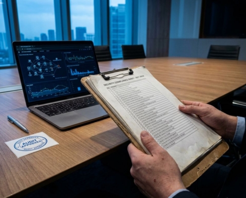 security-audit-compliance-checklist-boardroomjpg - Hoek en Blok.IT - Hoek en Blok.IT Handen van beveiligingsauditor houden compliance-checklist vast, laptop met netwerkdiagrammen op vergadertafel, stempel en pen