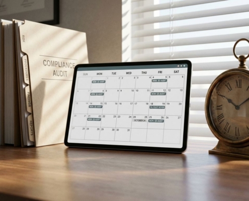 compliance-audit-planning-kantoor-kalenderjpg - Hoek en Blok.IT - Hoek en Blok.IT Digitale kalender met gemarkeerde data naast compliance-auditmap en koperen bureauklok in zacht ochtendlicht