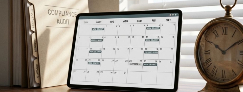 Digitale kalender met gemarkeerde data naast compliance-auditmap en koperen bureauklok in zacht ochtendlicht