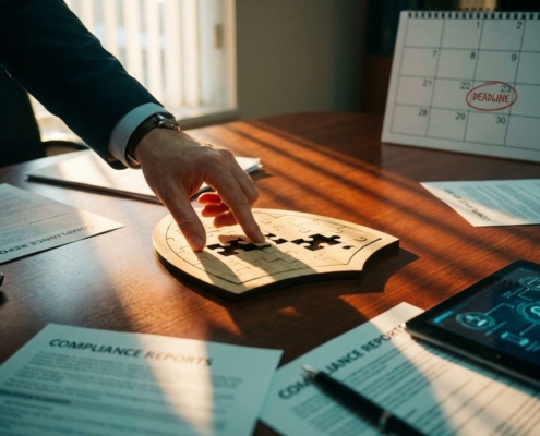 Directeur plaatst laatste puzzelstuk in schildvormige puzzel op vergadertafel met compliance-documenten en tablet