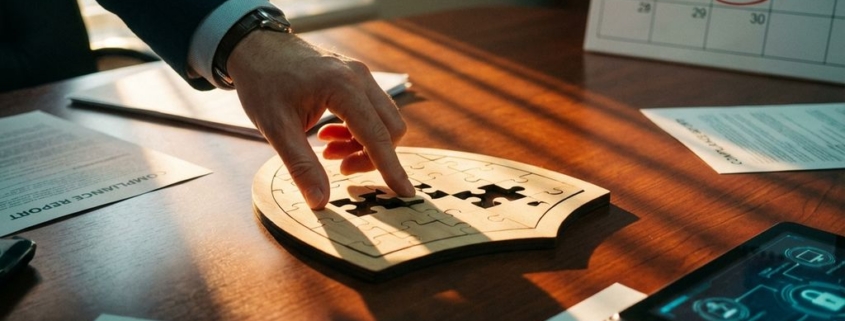 compliance-beveiliging-puzzel-deadline-boardroomjpg - Hoek en Blok.IT Directeur plaatst laatste puzzelstuk in schildvormige puzzel op vergadertafel met compliance-documenten en tablet