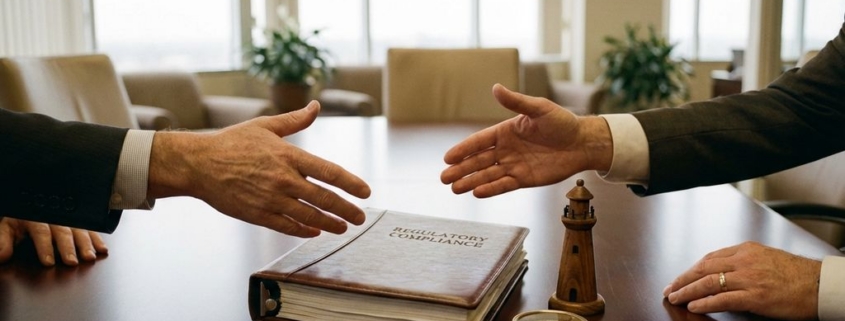 regelgeving-compliance-begeleiding-zakelijkjpg - Hoek en Blok.IT Professionele handen reiken over een mahonie vergadertafel naar een compliance-map, met kompas en vuurtoren als symbolen.