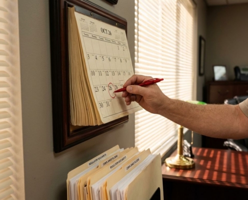 Hand met rode pen cirkelt datum op sierlijke wandkalender boven bureau met compliance-documenten in professioneel kantoor