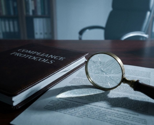 Gebarsten vergrootglas op open compliance-documentmap onthult kleine lettertjes, koele kantoorverlichting werpt schaduwen
