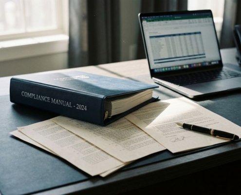 compliance-documentatie-kantoor-binder-penjpg - Hoek en Blok.IT - Hoek en Blok.IT Open compliance-handboek met officiële documenten en vulpen op georganiseerd kantoorbureau, laptop met datatabellen op achtergrond