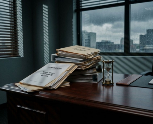 Instortende stapel compliance-documenten op mahonie bureau met bijna lege zandloper, dramatisch licht door lamellen