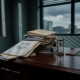 compliance-documenten-deadline-kantoor-stressjpg - Hoek en Blok.IT Instortende stapel compliance-documenten op mahonie bureau met bijna lege zandloper, dramatisch licht door lamellen