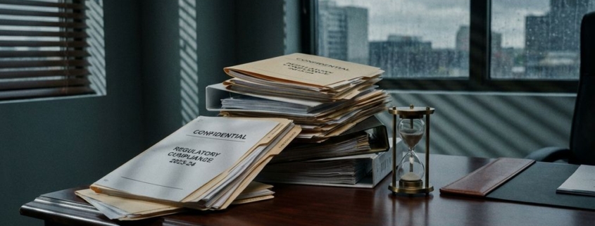 Instortende stapel compliance-documenten op mahonie bureau met bijna lege zandloper, dramatisch licht door lamellen