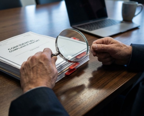 compliance-documenten-controle-audit-zakelijkjpg - Hoek en Blok.IT - Hoek en Blok.IT Handen met vergrootglas onthullen hiaat tussen compliance-documenten op houten vergadertafel met rode tabbladen