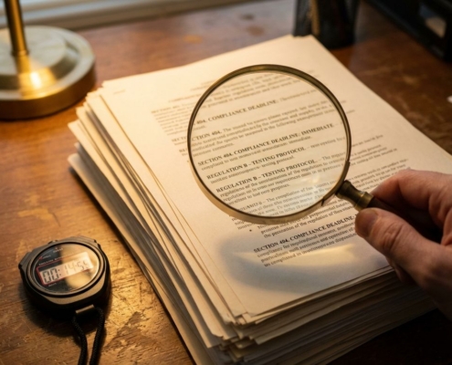 compliance-documenten-vergrootglas-deadline-auditjpg - Hoek en Blok.IT - Hoek en Blok.IT Vergrootglas gericht op kleine letters van compliance-documenten met stopwatch, op houten bureau in warm kantorlicht