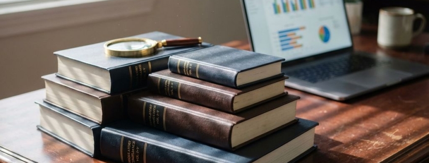 compliance-regelgeving-kantoor-documentenjpg - Hoek en Blok.IT Gestapelde regelgevende ordners op mahonie bureau met vergrootglas, laptop met grafieken en ochtendlicht door jaloezieën