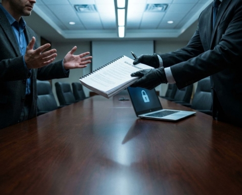 contract-weigering-it-beveiliging-zakelijkjpg - Hoek en Blok.IT - Hoek en Blok.IT IT-professional weigert contract van directeur aan vergadertafel, laptop met beveiligingsicoon zichtbaar, gespannen sfeer.