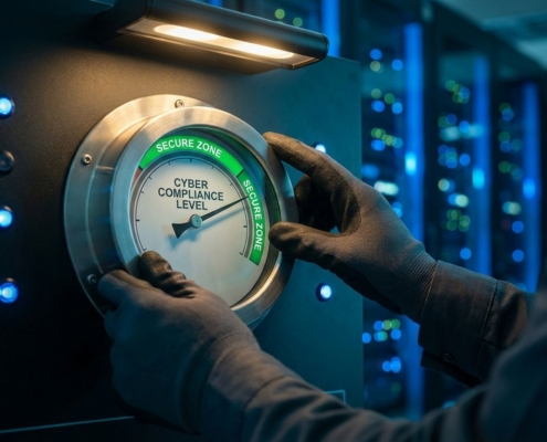 cybersecurity-compliance-meter-serverroom-controlejpg - Hoek en Blok.IT - Hoek en Blok.IT Handen van cybersecurityprofessional stellen compliancemeter af op controlepaneel in serverruimte met blauwe verlichting