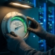 cybersecurity-compliance-meter-serverroom-controlejpg - Hoek en Blok.IT Handen van cybersecurityprofessional stellen compliancemeter af op controlepaneel in serverruimte met blauwe verlichting