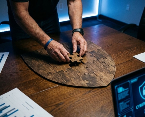Cybersecurity-professional plaatst laatste puzzelstuk in schildvormige puzzel op vergadertafel met laptop en documenten