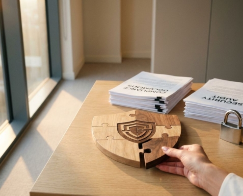 cybersecurity-compliance-puzzel-bescherming-kantoorjpg - Hoek en Blok.IT - Hoek en Blok.IT Handen plaatsen laatste stukje van schildvormige houten puzzel op bureau, naast compliance-documenten en hangslot.