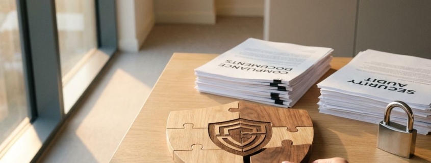 cybersecurity-compliance-puzzel-bescherming-kantoorjpg - Hoek en Blok.IT Handen plaatsen laatste stukje van schildvormige houten puzzel op bureau, naast compliance-documenten en hangslot.