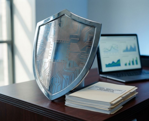 Metalen schild met circuitpatronen op bureau, regelgevingsdocumenten aan de basis, laptop met financiële data op achtergrond
