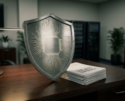 Metalen schild met circuitpatronen op bureau, compliance-documenten eronder, serverracks op achtergrond in kantooromgeving