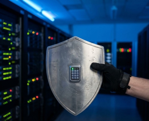 cybersecurity-server-bescherming-datacenterjpg - Hoek en Blok.IT - Hoek en Blok.IT Gehandschoende hand houdt metalen schild met digitaal slot voor serverrek in datacenter met blauwe verlichting