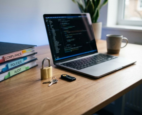 Laptop op moderne werkplek met hangslot, compliance-mappen en authenticatietoken in zacht blauw licht