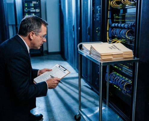 datacenter-compliance-inspectie-serverrack-auditjpg - Hoek en Blok.IT - Hoek en Blok.IT Inspecteur in zakelijke kleding controleert serverkast met klembord in datacenter met blauwe verlichting