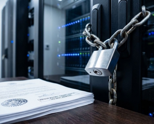Metalen hangslot beveiligt ketting rond serverrack, regelgevingsdocumenten op voorgrond in modern datacenter
