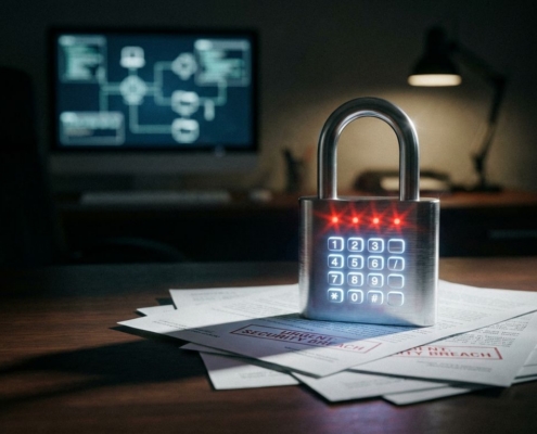 Digitaal stalen hangslot met rode waarschuwingslampjes op bureau, omringd door documenten en netwerkdiagrammen op scherm.