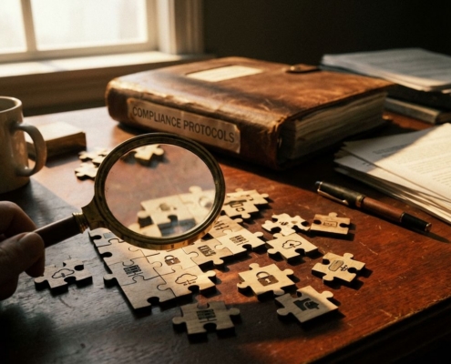 cybersecurity-risicobeheer-compliance-kwetsbaarhedenjpg - Hoek en Blok.IT - Hoek en Blok.IT Vergrootglas boven puzzelstukjes die digitale infrastructuur voorstellen op bureau van risicomanager met compliance-map