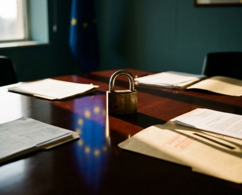 eu-bedrijfsbeveiliging-documenten-vergaderzaaljpg - Hoek en Blok.IT - Hoek en Blok.IT Messing hangslot op gepolijste mahonie vergadertafel met verspreide documenten en EU-vlagkleuren weerspiegeld in oppervlak