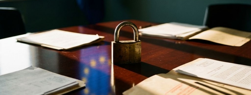 eu-bedrijfsbeveiliging-documenten-vergaderzaaljpg - Hoek en Blok.IT Messing hangslot op gepolijste mahonie vergadertafel met verspreide documenten en EU-vlagkleuren weerspiegeld in oppervlak