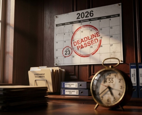 eu-compliance-deadline-2026-kantoor-kalenderjpg - Hoek en Blok.IT - Hoek en Blok.IT Wandkalender 2026 met rode stempel op deadline, EU-compliancemappen en koperen klok op mahonie kantoorwand