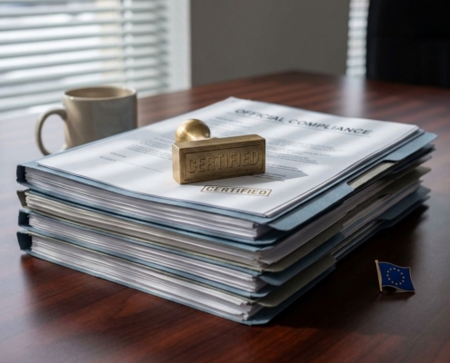 eu-compliance-documenten-bedrijf-stempeljpg - Hoek en Blok.IT - Hoek en Blok.IT Koperen stempel op stapel EU-nalevingsdocumenten met EU-vlagspeld op zakelijk bureau in blauwgrijze tinten