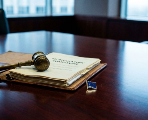 eu-compliance-bestuurskamer-hamer-regelgevingjpg - Hoek en Blok.IT - Hoek en Blok.IT Messing voorzittershamer op open compliance-document met EU-vlagspeld, dramatische verlichting op mahoniehouten bestuurstafel