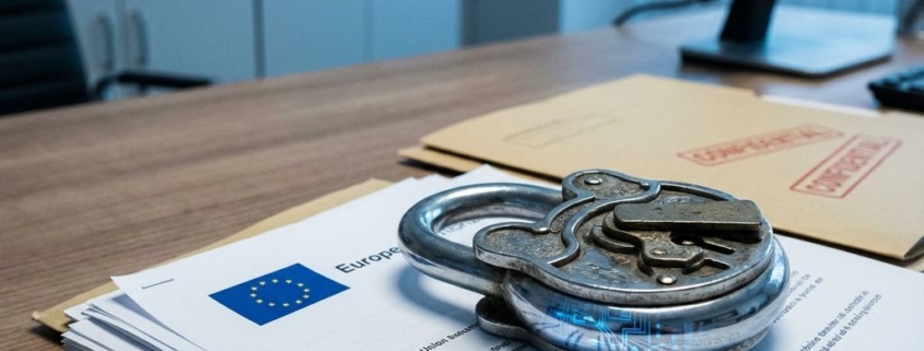 Stalen hangslot op gestapelde EU-documenten en bedrijfsmappen, met digitaal circuitpatroon weerspiegeld op gepolijst oppervlak