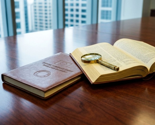 eu-regelgeving-document-boardroom-zakelijkjpg - Hoek en Blok.IT - Hoek en Blok.IT EU-regelgevingsdocument met reliëfzegel op mahonie vergadertafel, koperen loep op kleine lettertjes, kantoorgebouwen op achtergrond