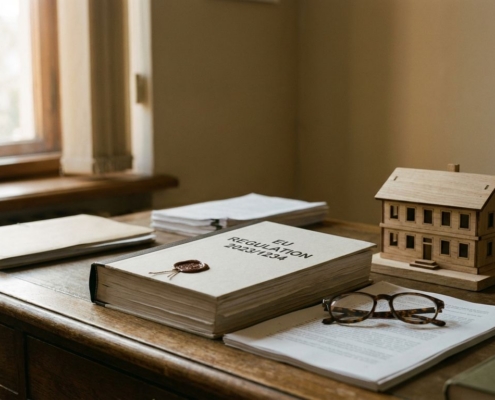 EU-regelgevingsdocument met officieel zegel op houten bureau, naast miniatuur bedrijfsgebouw en leesbril in natuurlijk licht
