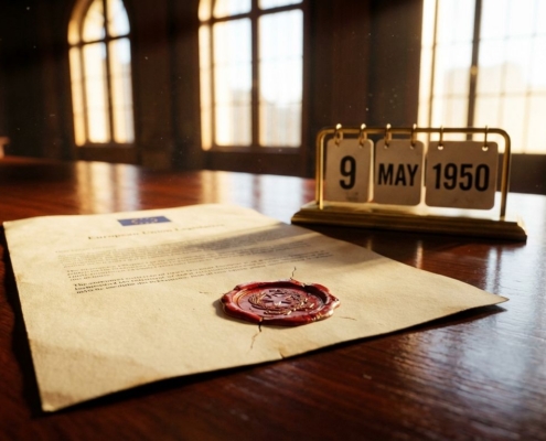eu-wetgeving-document-officieel-zegel-bureaujpg - Hoek en Blok.IT - Hoek en Blok.IT Verweerd EU-wetgevingsdocument met officieel lakzegel op mahoniehouten bureau, naast een messing bureaukalender in zacht middaglicht.