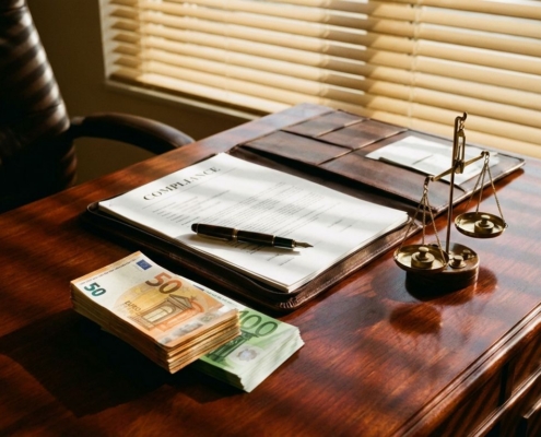 Stapel eurobankbiljetten op mahonie bureau naast compliance-documenten, vulpen en koperen weegschaal in warm zonlicht