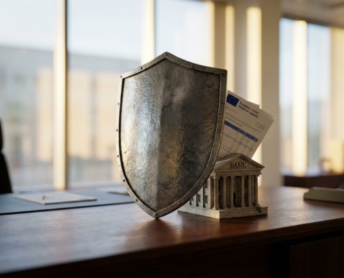 Metalen schild beschermt EU-financiële documenten en miniatuur bankgebouw op bureau in ochtendlicht
