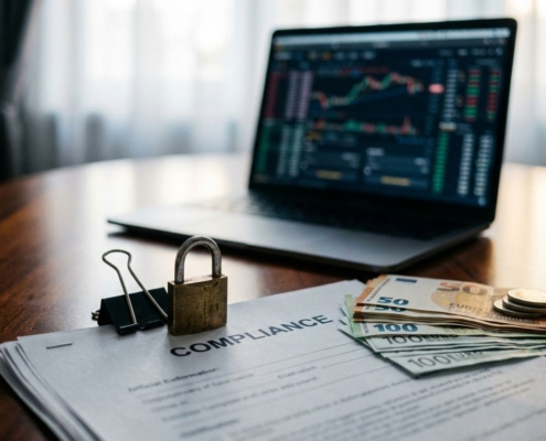 Messing hangslot op compliance-documenten naast eurobiljetten en laptop met financiële spreadsheets op executive bureau