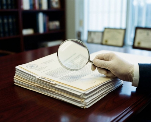 financiele-documenten-compliance-controle-auditjpg - Hoek en Blok.IT - Hoek en Blok.IT Vergrootglas boven financiële documenten en compliance-mappen op mahonie bureau, met focus op kleine lettertjes en officieel zegel.