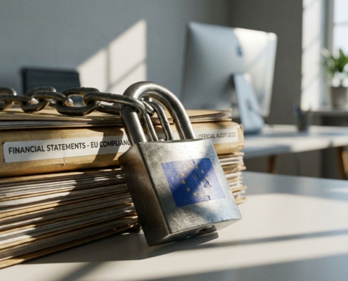 Metalen hangslot beveiligt financiële documenten en compliance-mappen met EU-vlag reflectie op bureauomgeving