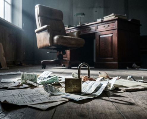 financiele-fraude-kantoor-hangslot-documentenjpg - Hoek en Blok.IT - Hoek en Blok.IT Open koperen hangslot op verspreide eurobiljetten en financiële documenten bij een mahoniehouten bureau met dramatische belichting