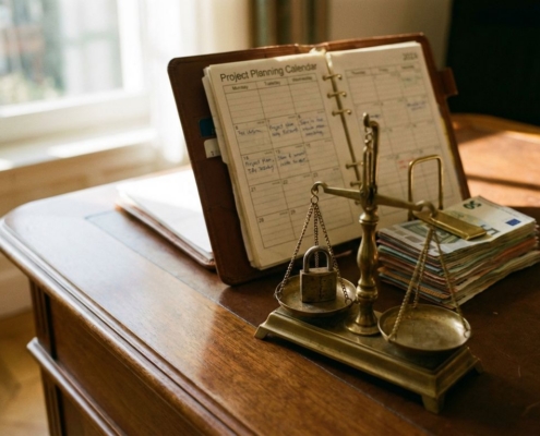 Koperen balansweegschaal met hangslot naast eurobiljetten en projectkalender op houten bureau in warm zonlicht